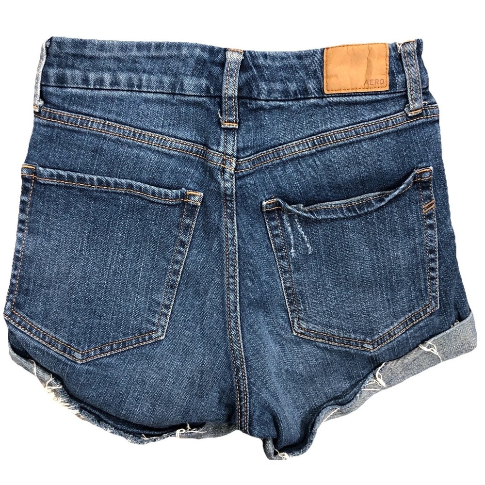 Aero Shorts Women 2 Midi High Rise Curvy Blue Jean Dark Faded Out Ripped Holes - Picture 2 of 8